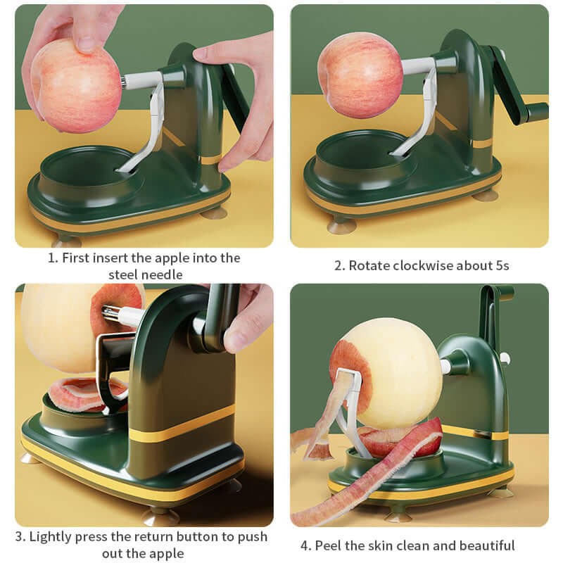 Step-by-step guide for using 3-in-1 fruit peeler, including apple peeler with suction base.