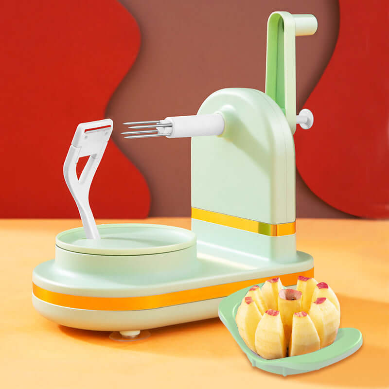 3-in-1 Obstschäler in mintgrüner Farbe mit Apfelspalter und aufgeschnittenen Äpfeln im Vordergrund.