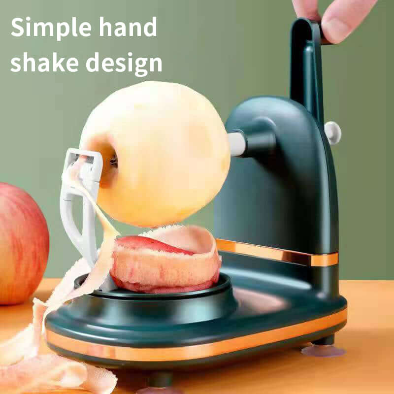 3-in-1 manual fruit peeler with hand shake design for apples and pears on a countertop.