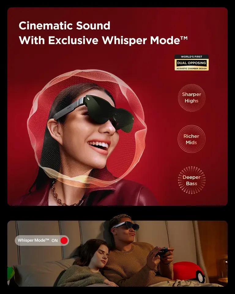 AR Brille Kino & Gaming RayNeo Air 3S with cinematic sound features and Whisper Mode™ displayed in a promotional image.