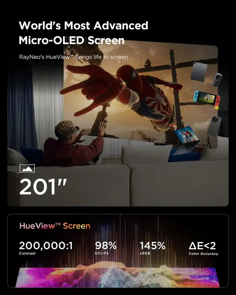 AR Brille Kino & Gaming RayNeo Air 3S showcasing 201-inch Micro-OLED screen and vibrant visuals.