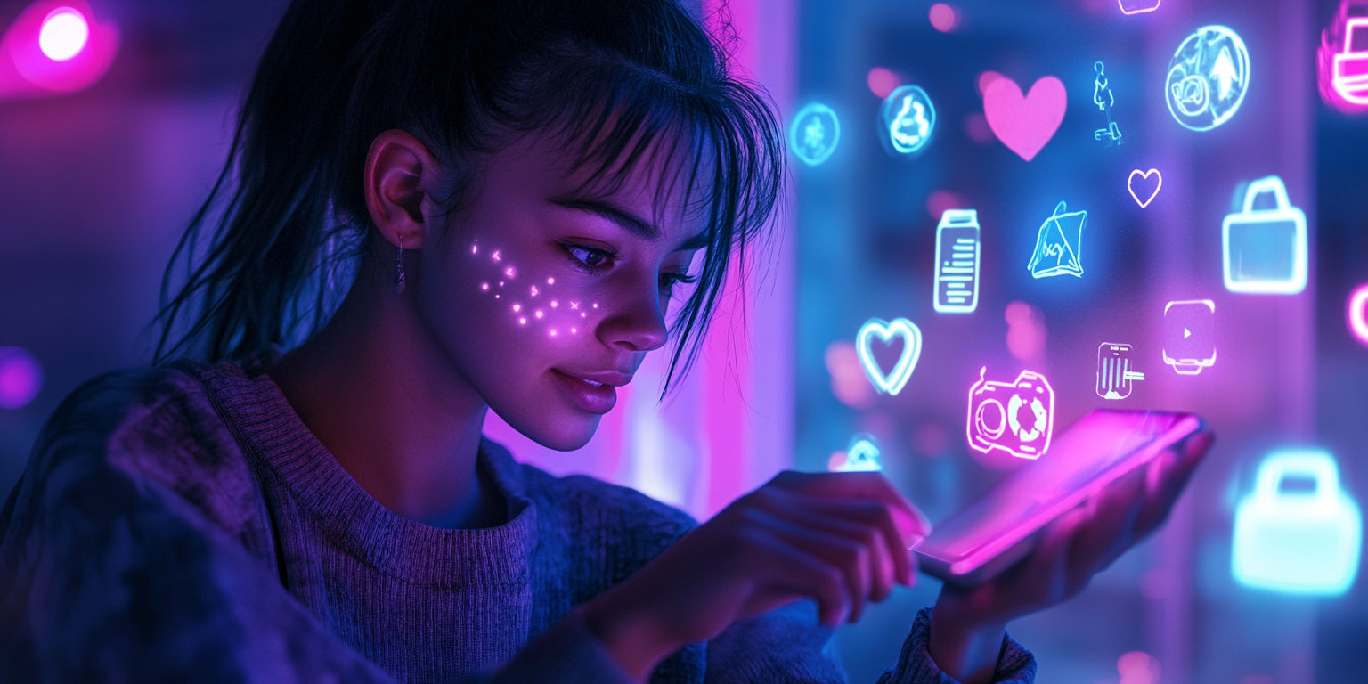 Junge Frau nutzt smarte TikTok-Gadgets mit holografischen Icons – Symbolbild für moderne Alltagshacks, Tech-Hacks & smarte Alltagshelfer